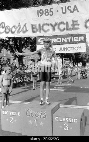 American cyclist Rebecca Twigg, a member of the women’s 7-11 cycling team, on the podium during the Coors International Bicycle Classic bike race on August 15, 1985 in Grand Junction, CO. Photo by Francis Specker Stock Photo