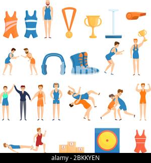 Greco-Roman wrestling icons set. Cartoon set of Greco-Roman wrestling vector icons for web design Stock Vector