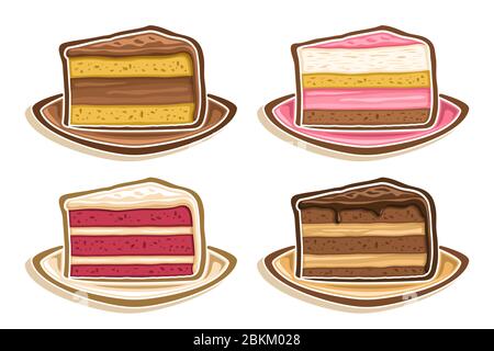 Vector Set assorted Slices of Cake, collection of 4 cut out illustrations of diverse colorful triangle cake slices, set of delicacy baked goods for ca Stock Vector