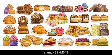 Vector Set of assorted Desserts, lot collection of 23 isolated illustrations of delicacy cakes and gastronomy delicious desserts, group of many cut ou Stock Vector