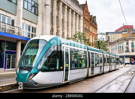 City tram at Old Market Square in Nottingham, England Stock Photo