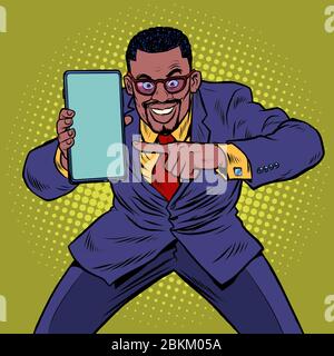 african businessman shows on smartphone. Mobile technologies and new gadgets Stock Vector