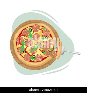 Pizza with salami, olives and cheese. The view from the top. Vector illustration. Stock Vector