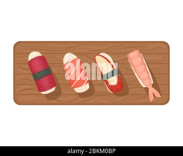 Set of sushi with tuna, eel and salmon on a wooden Board. Flat lay illustration. Stock Vector