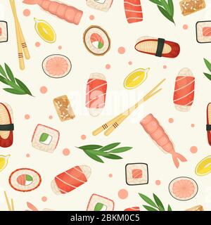 Seamless pattern sushi and rolls. Japanese food. Flat lay illustration. Stock Vector