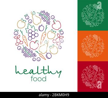 Colorful vector icons set of fruits and vegetables. Isolated creative design healthy life objects. Vegetarian and vegan food halftone textured and Stock Vector