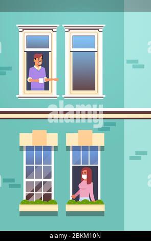 people looking out of apartment stay home self-isolation coronavirus pandemic quarantine concept house facade with windows portrait vertical vector illustration Stock Vector