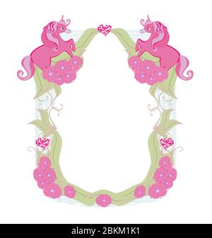 decorative flower frame with beautiful unicorns Stock Vector