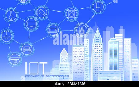 Internet of things low poly smart city 3D wire mesh. Intelligent building automation IOT concept. Modern wireless online control icon urban cityscape Stock Vector