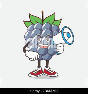 An illustration of Dewberries Fruit cartoon mascot character holding a megaphone Stock Vector