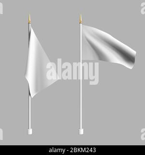 Realistic white flag waving in the wind. Set 3D advertising textile vector flags. Template for products, advertizing, web banners, leaflets Stock Vector