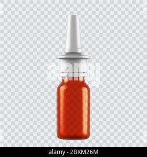 Realistic mock up glass bottles for drops and spray etc. 3d Plastic blank medical containers isolated on transparent background. Vector illustration Stock Vector
