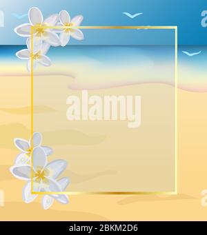 Beach and ocean. Yellow sandy beach. Background for summer posters and announcements. Vector illustration. Surfboard.. Stock Vector