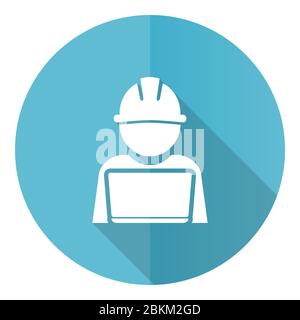 Engineer with laptop blue round flat design vector icon isolated on white background, worker, manager illustration in eps 10 Stock Vector