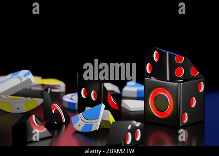 Fragments from the breaking of dice and casino chips stack on a black background in the dark. The concept for business betting failures and The loser Stock Photo