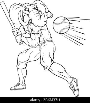 Elephant Baseball Player Mascot Swinging Bat Stock Vector