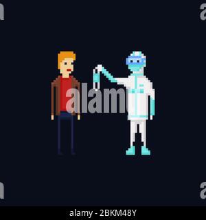 Pixel art vector illustration of a medic wearing a protective suit offering a sterile disposable medical face mask to a man, coronavirus protection. 8 Stock Vector
