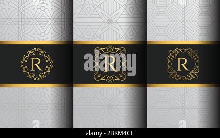 Set of Packaging Templates with Design Element Ornament, Label, Logo. Made with Golden Luxury Flower on Ornament Background Stock Vector