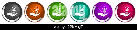 Light, idea, bulb icon set, silver metallic chrome border vector web buttons in 6 colors options for webdesign Stock Vector