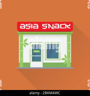 Flat design long shadow chinese fast food restaurant building vector illustration. Asian snack bar facade. Stock Vector
