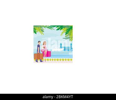 couple of tourists with suitcases on a tropical vacation Stock Vector