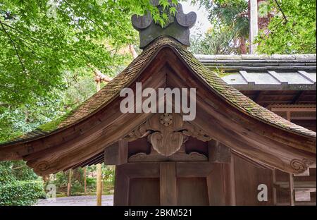 Traditional Japanese cypress bark roof with gegyo (gable pendant) and morikuni on the top of the roof at Ryoan-ji temple.  Kyoto. Japan Stock Photo