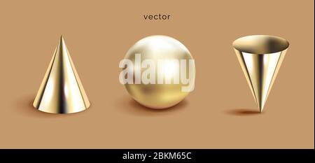 3D geometric shapes set, brown background. Mathematical figures banner. Golden cones and sphere vector illustration in realistic style Stock Vector