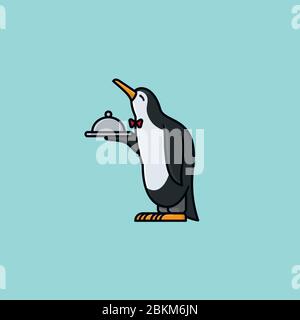 Servile waiter penguin cartoon character vector illustration for Waiters Day on May 16th. Service and obsequiosity symbol. Stock Vector