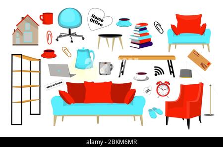 Stay home. Set of home and work elements. Home office stickers. ISOLATION AND QUARANTINE. Laptop, chair, slippers, cup. Vector illustration isolated Stock Vector