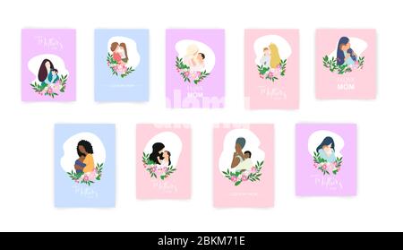 Set of Mother's day cards. Collection of vector templates for scrapbooking, journaling, congratulations and cards. Stock Vector