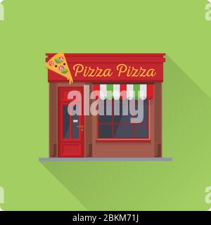 Flat design long shadow Pizzeria building vector illustration. Cute Italian restaurant facade. Stock Vector