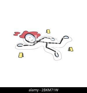 Crime scene, dead body outlined. Hand drawn. Stickman cartoon. Doodle sketch, Vector graphic illustration Stock Vector