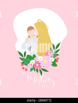 Card with happy mother receiving flowers from her son. International women's day greeting card. Vector illustration. Russian handwritten phrase for mo Stock Vector