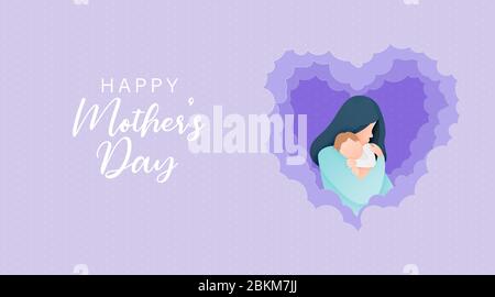 Beautiful woman with her baby. Happy mothers day card. Paper cut style. Vector illustration Stock Vector