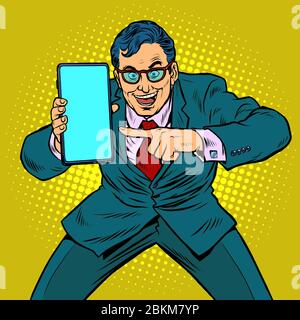 businessman shows on smartphone. Mobile technologies and new gadgets Stock Vector