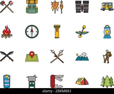Camping Icon Collection Filled Outline Style pixel perfect icon Stock Vector
