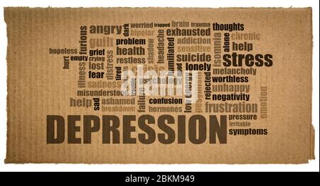 depression word cloud on a piece of corrugated cardboard, wellbeing and mental health concept Stock Photo