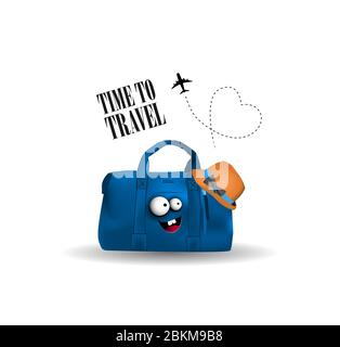 Time to travel. Funny cheerful bag on a white background. Suitcase character. Travel concept.. Stock Vector
