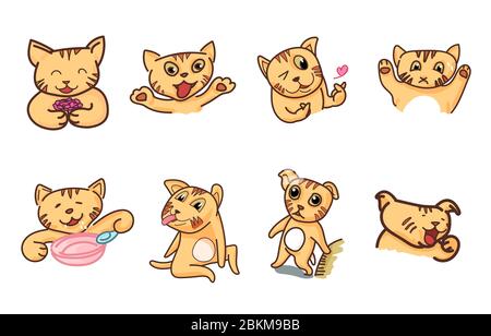 Set of ginger cat in funny pose and face, isolated on white background, vector illustration Stock Vector