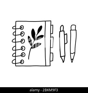 Hand drawn doodle notebook with floral element, pen and pencil icons. Elements isolated on white background. Vector stock illustration. Stock Vector
