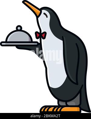 Servile waiter penguin cartoon character isolated vector illustration for Waiters Day on May 16th. Service and obsequiosity symbol. Stock Vector