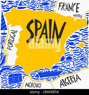 Vector hand drawn stylized map of Spain. Travel illustration of Spain Kingdom and neighboring countries. Hand drawn lettering illustration. Europe map Stock Vector