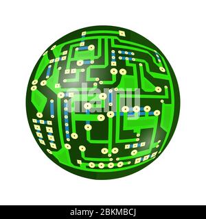 Green Circuit Board. Flat Design. Modern Computer Technology Background. Modern Sphere. High Tech Printed Symbol. Stock Vector