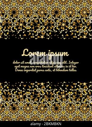 Moroccan card design. Gold and black vector template of card for invitation, celebration, save the date performed in morocco geometric mosaic Stock Vector