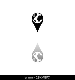 Globe pin. Black symbol on white background. Simple illustration. Flat Vector Icon. Mirror Reflection Shadow. Can be used in logo, web, mobile and UI Stock Vector