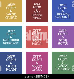 Colorful banner collection quotes keep calm during coronavirus pandemic. Wash hands, healthy distance, stay home, work from home, wear mask. Cute Stock Vector