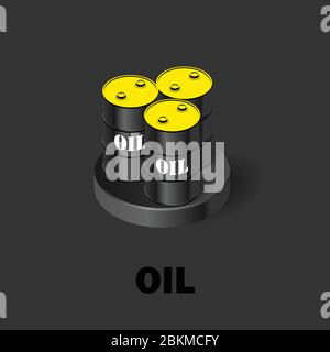 Black oil barrels with a yellow cap. Oil production isometric icon. Stock vector illustration on a dark background. Stock Vector