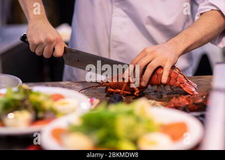 A cook in a white suit cutting a lobster and preapring fresh healthy dishes in a kitchen envionment Stock Photo