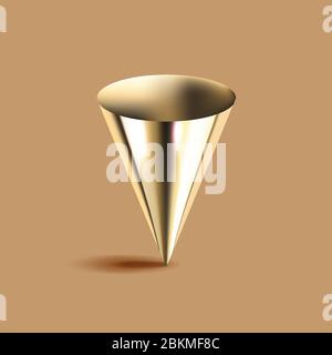 Golden cone 3D geometric shape, brown background. Glossy metal abstract form rendering. Decorative mathematical figure vector illustration in Stock Vector