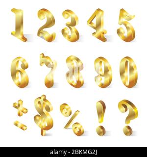 Isometric golden numbers from 0 to 9 isolated stock vector illustration on white background Stock Vector